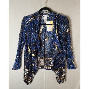 VTG Womens Size Large Open Front Cardigan Blue Brown Whimsigoth Distressed NOS